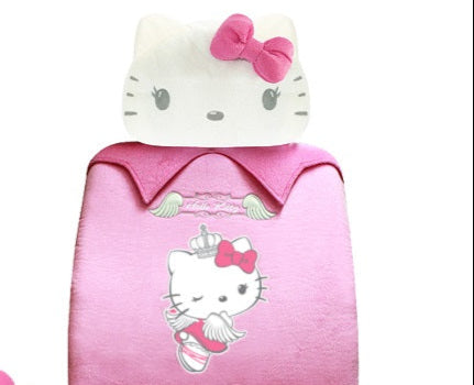 Pink Hello Kitty car seat cover set with steering wheel cover and headrest covers on a white background.