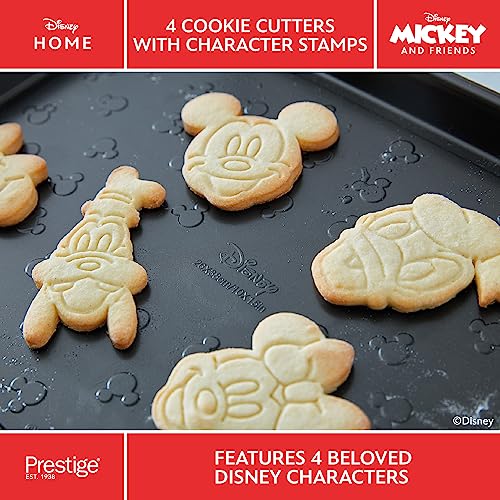Prestige New Disney Bake with Mickey Mouse Cookie Cutter Set of 4 - Red Cookie Cutters with Mickey and Friends Character Stamps Included, Dishwasher Safe
