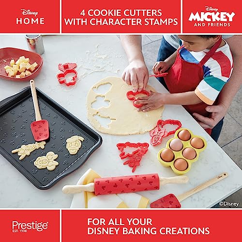 Prestige New Disney Bake with Mickey Mouse Cookie Cutter Set of 4 - Red Cookie Cutters with Mickey and Friends Character Stamps Included, Dishwasher Safe